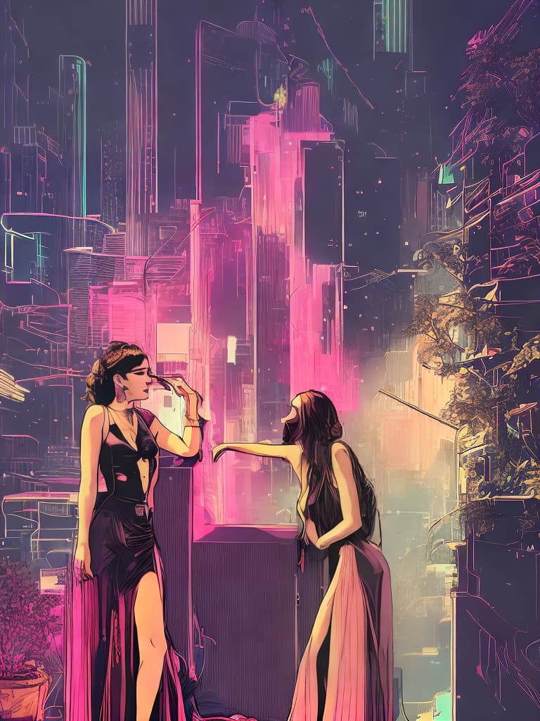 nvinkpunk two women, wearing long transparent gowns, standing, whole body, undressing, smoking a cigarette, exhaling smoke, slowly undressing, smoking , 8k, lush detail, art deco, macro photography, Backlighting rim, 8k, lush detail, art deco, macro photography, Backlighting rim
