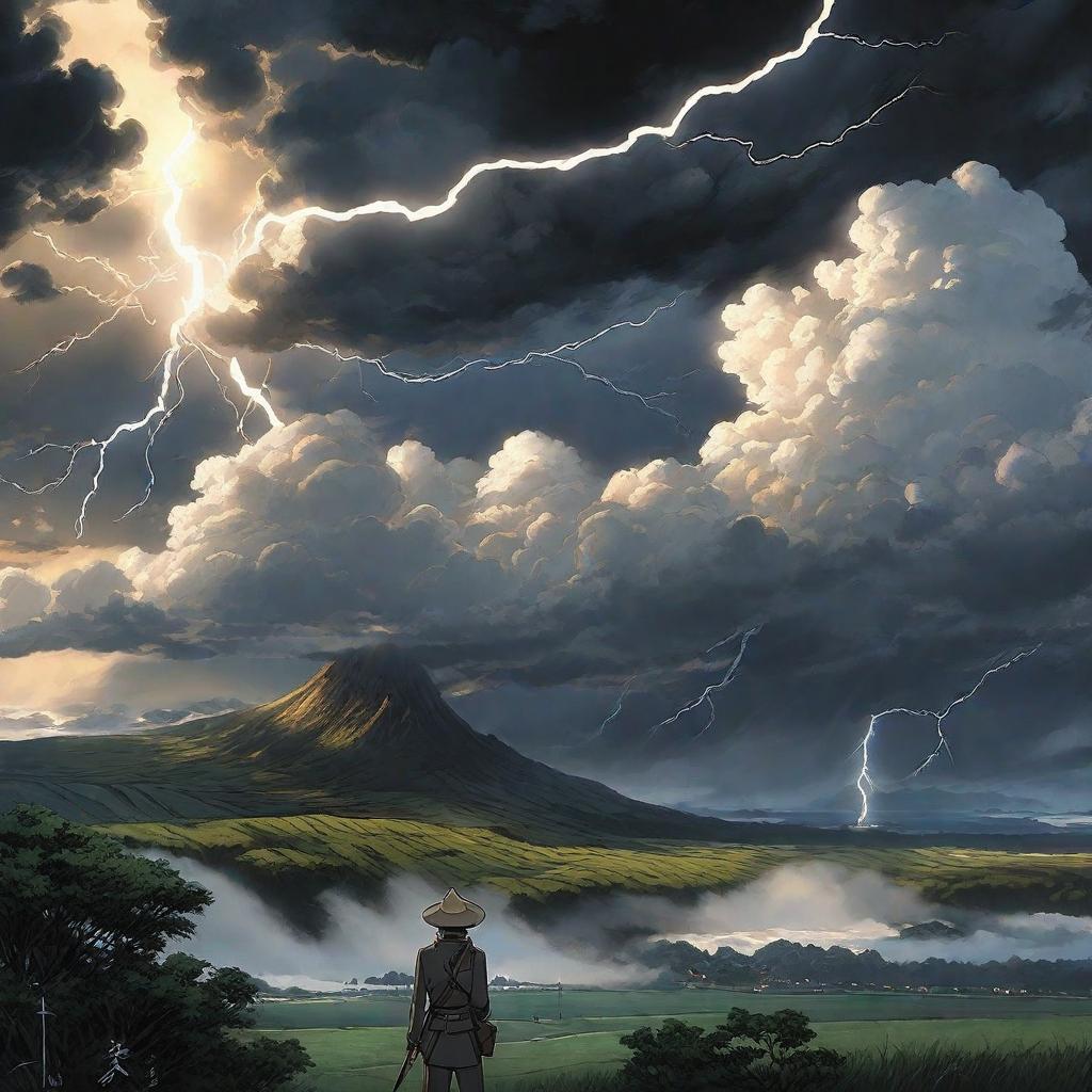  A black sky with lightning clouds., anime concept art by Hayao Miyazaki, featured on pixiv, fantasy art, concept art, official art, high detailed hyperrealistic, full body, detailed clothing, highly detailed, cinematic lighting, stunningly beautiful, intricate, sharp focus, f/1. 8, 85mm, (centered image composition), (professionally color graded), ((bright soft diffused light)), volumetric fog, trending on instagram, trending on tumblr, HDR 4K, 8K