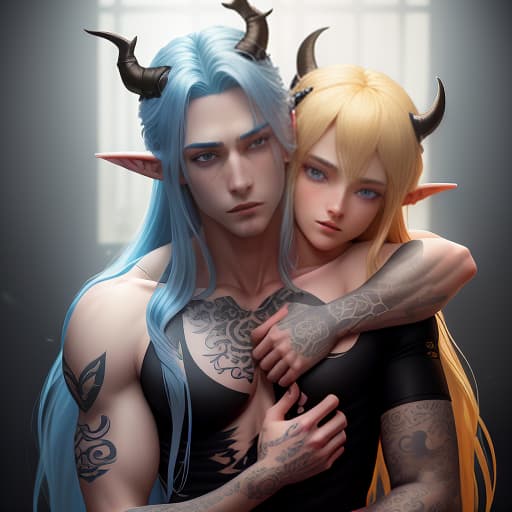  A boy with long blue hair, white eyes, and horns, as well as a tattoo on his body, is hugging a boy with blond hair, blue eyes, horns on his head, and an elf's ears and a digital style tattoo on his body in a black T shirt. hyperrealistic, full body, detailed clothing, highly detailed, cinematic lighting, stunningly beautiful, intricate, sharp focus, f/1. 8, 85mm, (centered image composition), (professionally color graded), ((bright soft diffused light)), volumetric fog, trending on instagram, trending on tumblr, HDR 4K, 8K