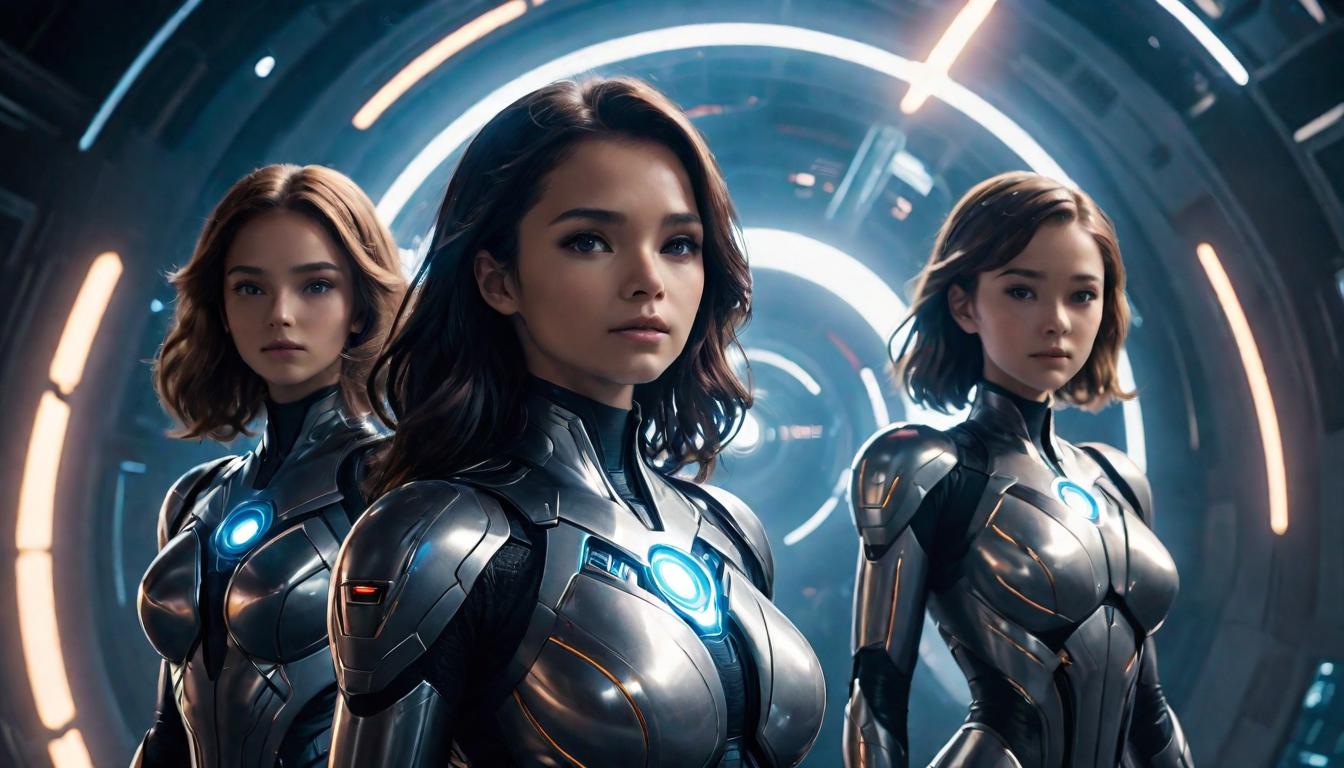  3girls, large busted attractive arian female humanoids, forming a circle, streams of light connecting them, galactic backdrop, high tech clothing clad in sleek, futuristic costume with metallic accents and form fitting designs, marvel superhero comics style, unreal engine rendering