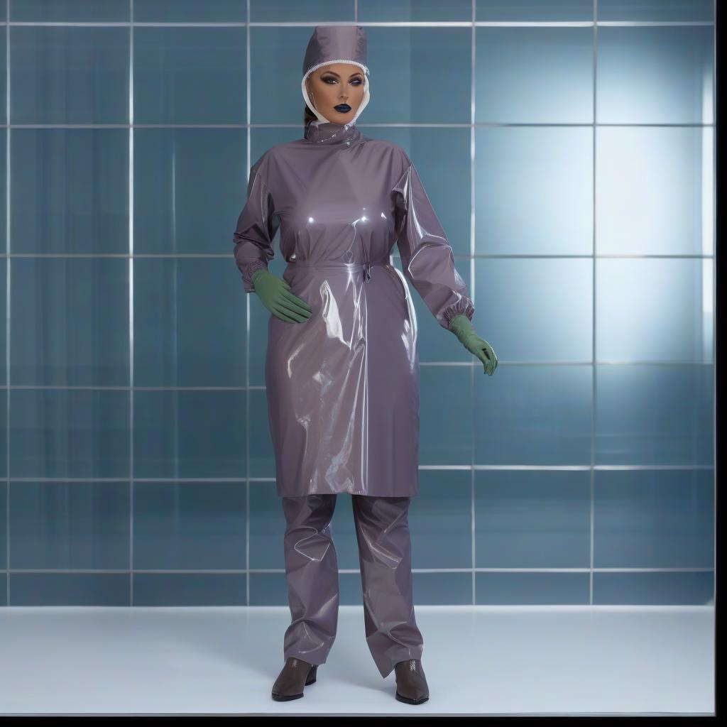  "(Highly detailed: 1.2), (lone female surgeon standing: 1.1) in (glossy latex: 1.2) (dark green: 1.1) and (dark blue: 1.1), (full length: 1.2), (front view: 1.2), (full face:1.2), • Surgical outfit: (Glossy Straight Fit Latex Surgical Gown: 1.1), (Fit Size: 1.1), (Knee Length: 1.2), (Closed Collar: 1.1), (No Pockets: 1.1), (elastic waistband: 1.1), (long sleeves: 1.1), (elastic cuffs: 1.1), (glossy shower cap with elastic ribbon: 1.1, (surgical mask with glossy ribbon ties: 1.2), (ankle length surgical trousers in glossy latex: 1.1), (shoe covers: 1.1) (knee high: 1.1) or (boot style: 1.1), (long surgical gloves: 1.1). • two color surgical gown: (The gown is worn backwards, fastened at the back, tied at the neck and waist) (The dress i hyperrealistic, full body, detailed clothing, highly detailed, cinematic lighting, stunningly beautiful, intricate, sharp focus, f/1. 8, 85mm, (centered image composition), (professionally color graded), ((bright soft diffused light)), volumetric fog, trending on instagram, trending on tumblr, HDR 4K, 8K