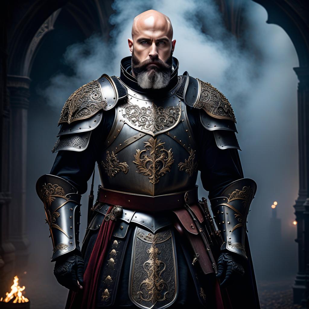  gothic style A bald, bearded soldier in knight's armor, without a helmet. . dark, mysterious, haunting, dramatic, ornate, detailed hyperrealistic, full body, detailed clothing, highly detailed, cinematic lighting, stunningly beautiful, intricate, sharp focus, f/1. 8, 85mm, (centered image composition), (professionally color graded), ((bright soft diffused light)), volumetric fog, trending on instagram, trending on tumblr, HDR 4K, 8K