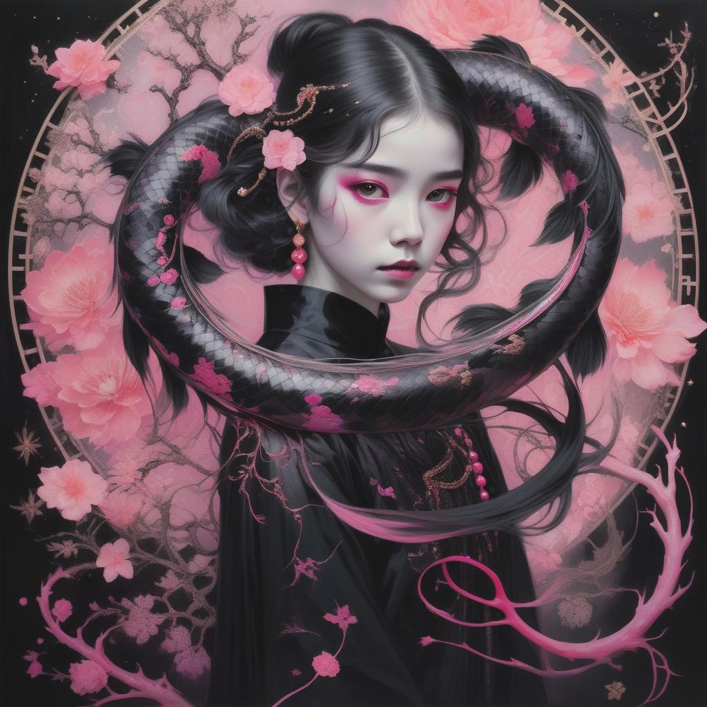  photo RAW, (Black, neon pink and magenta : Portrait of 2 ghostly long tailed black koi, (hispanic woman:1.5), shiny aura, highly detailed, black pearls, gold and coral filigree, intricate motifs, organic tracery, Kiernan Shipka, Januz Miralles, Hikari Shimoda, glowing stardust by W. Zelmer, perfect composition, smooth, sharp focus, sparkling particles, lively coral reef colored background Realistic, realism, hd, 35mm photograph, 8k), masterpiece, award winning photography, natural light, perfect composition, high detail, hyper realistic, (depth, water background:1.5) hyperrealistic, full body, detailed clothing, highly detailed, cinematic lighting, stunningly beautiful, intricate, sharp focus, f/1. 8, 85mm, (centered image composition), (professionally color graded), ((bright soft diffused light)), volumetric fog, trending on instagram, trending on tumblr, HDR 4K, 8K