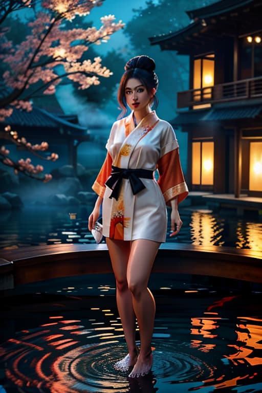  Horse bun hair, red yukata, koi fish, reflective water, barefoot water hyperrealistic, full body, detailed clothing, highly detailed, cinematic lighting, stunningly beautiful, intricate, sharp focus, f/1. 8, 85mm, (centered image composition), (professionally color graded), ((bright soft diffused light)), volumetric fog, trending on instagram, trending on tumblr, HDR 4K, 8K