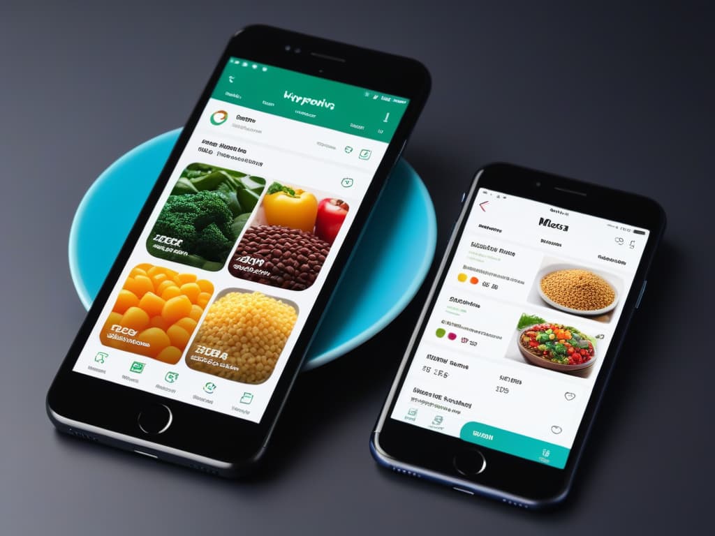  A highresolution image showcasing a sleek and modern smartphone screen split into two sections. On the left side, an array of colorful and vibrant plantbased food icons representing various nutrients and vitamins, while the right side features a minimalist design with premium app interfaces displaying detailed pricing and key features for meal planning and recipe organization. The contrast between the organic elements and the techsavvy layout visually communicates the merging of nutrition and technology in the realm of healthy vegan meal planning. hyperrealistic, full body, detailed clothing, highly detailed, cinematic lighting, stunningly beautiful, intricate, sharp focus, f/1. 8, 85mm, (centered image composition), (professionally color graded), ((bright soft diffused light)), volumetric fog, trending on instagram, trending on tumblr, HDR 4K, 8K