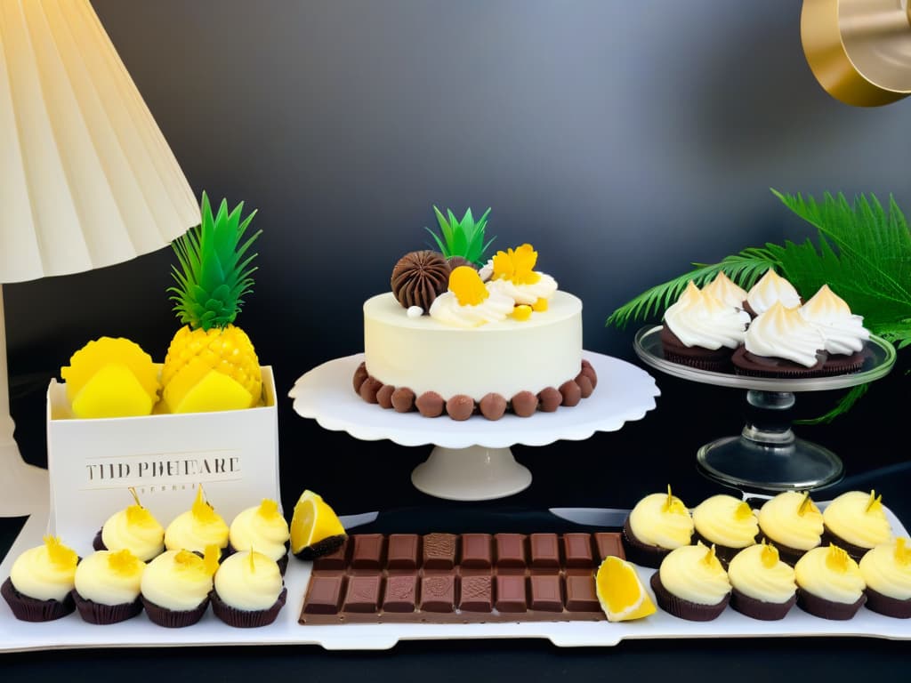  An ultradetailed image of a sleek, blackandwhite themed dessert table set against a backdrop of retro 1960sstyle décor. The table displays an array of elegant vintageinspired treats like mini pineapple upsidedown cakes, classic lemon meringue tarts, and sophisticated bourboninfused chocolate truffles. Each dessert is meticulously garnished with delicate edible flowers and served on chic, minimalist platters. The overall aesthetic exudes a timeless charm and sophistication reminiscent of the iconic *Mad Men* era, perfectly capturing the essence of vintageinspired desserts. hyperrealistic, full body, detailed clothing, highly detailed, cinematic lighting, stunningly beautiful, intricate, sharp focus, f/1. 8, 85mm, (centered image composition), (professionally color graded), ((bright soft diffused light)), volumetric fog, trending on instagram, trending on tumblr, HDR 4K, 8K