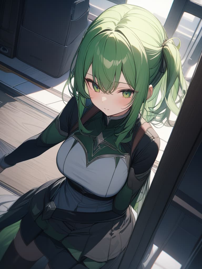  Staying of green hair characters, masterpiece, best quality,8k,ultra detailed,high resolution,an extremely delicate and beautiful,hyper detail