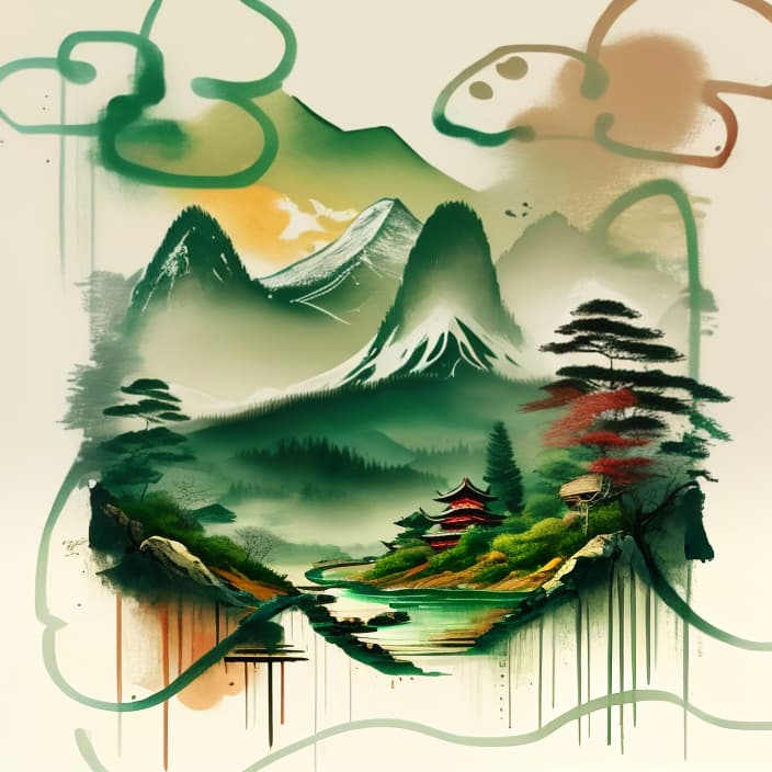  Chinese style landscape painting, mountains, rivers, clouds