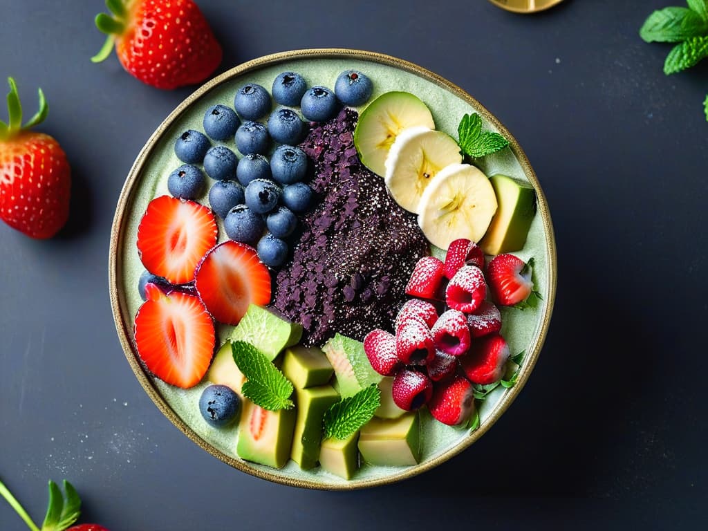  A minimalistic and ultradetailed image of a vibrant açai bowl topped with fresh berries, chia seeds, and coconut flakes, presented on a sleek marble countertop with a scattering of green matcha powder in the background. The intricate details capture the texture of each ingredient, highlighting the healthful and colorful aspects of superfoodenhanced desserts. hyperrealistic, full body, detailed clothing, highly detailed, cinematic lighting, stunningly beautiful, intricate, sharp focus, f/1. 8, 85mm, (centered image composition), (professionally color graded), ((bright soft diffused light)), volumetric fog, trending on instagram, trending on tumblr, HDR 4K, 8K