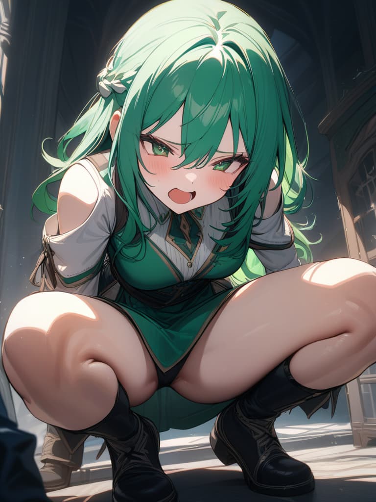  Victorian dynasty of green hair character, spreading your legs and squatting, shouting, masterpiece, best quality,8k,ultra detailed,high resolution,an extremely delicate and beautiful,hyper detail