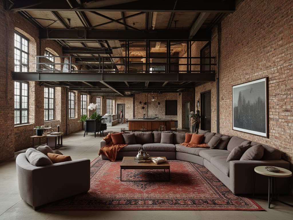  capture a hyperrealistic, highly detailed 8k photograph of a large, mezzanine level family room designed in an industrial style, highlighting exposed brick, metal, and concrete elements. this unedited, raw image employs a dutch angle to creatively showcase the functional and utilitarian space, perfect for quality time. the photo features a reduced color saturation for a subdued look, with cinematic lighting enhancing the scene’s intricate details and dense furnishings. the wide angle 35mm f/2 lens captures the room’s stunning beauty, blurred intricately in the background, akin to a crime movie still.