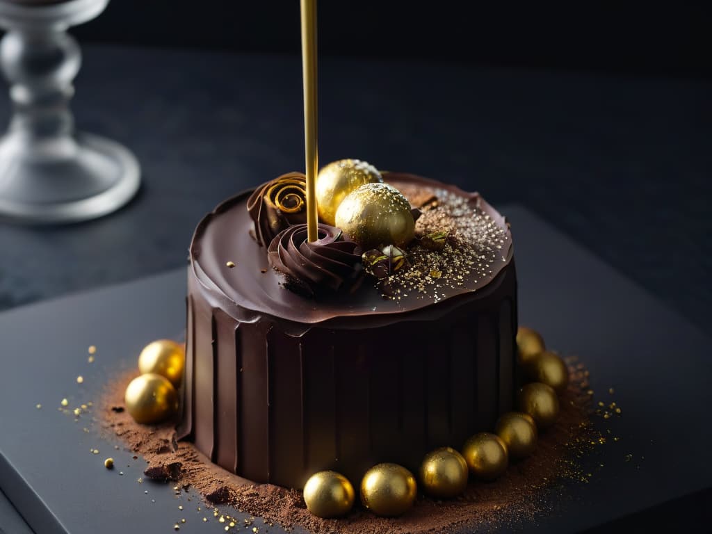  A closeup, ultradetailed image of a luxurious dark chocolate truffle being delicately sprinkled with flakes of edible gold, set against a sleek, matte black background. The focus is on the intricate details of the chocolate treat, showcasing the shimmering gold accents and the velvety texture of the truffle, creating a visually enticing and elegant composition that embodies the essence of indulgence and sophistication. hyperrealistic, full body, detailed clothing, highly detailed, cinematic lighting, stunningly beautiful, intricate, sharp focus, f/1. 8, 85mm, (centered image composition), (professionally color graded), ((bright soft diffused light)), volumetric fog, trending on instagram, trending on tumblr, HDR 4K, 8K