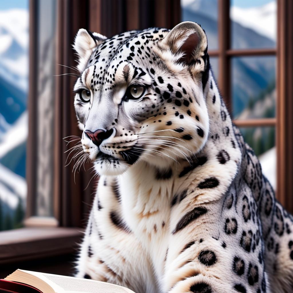  An ermine snow leopard reads a book by the window of a mountain. hyperrealistic, full body, detailed clothing, highly detailed, cinematic lighting, stunningly beautiful, intricate, sharp focus, f/1. 8, 85mm, (centered image composition), (professionally color graded), ((bright soft diffused light)), volumetric fog, trending on instagram, trending on tumblr, HDR 4K, 8K