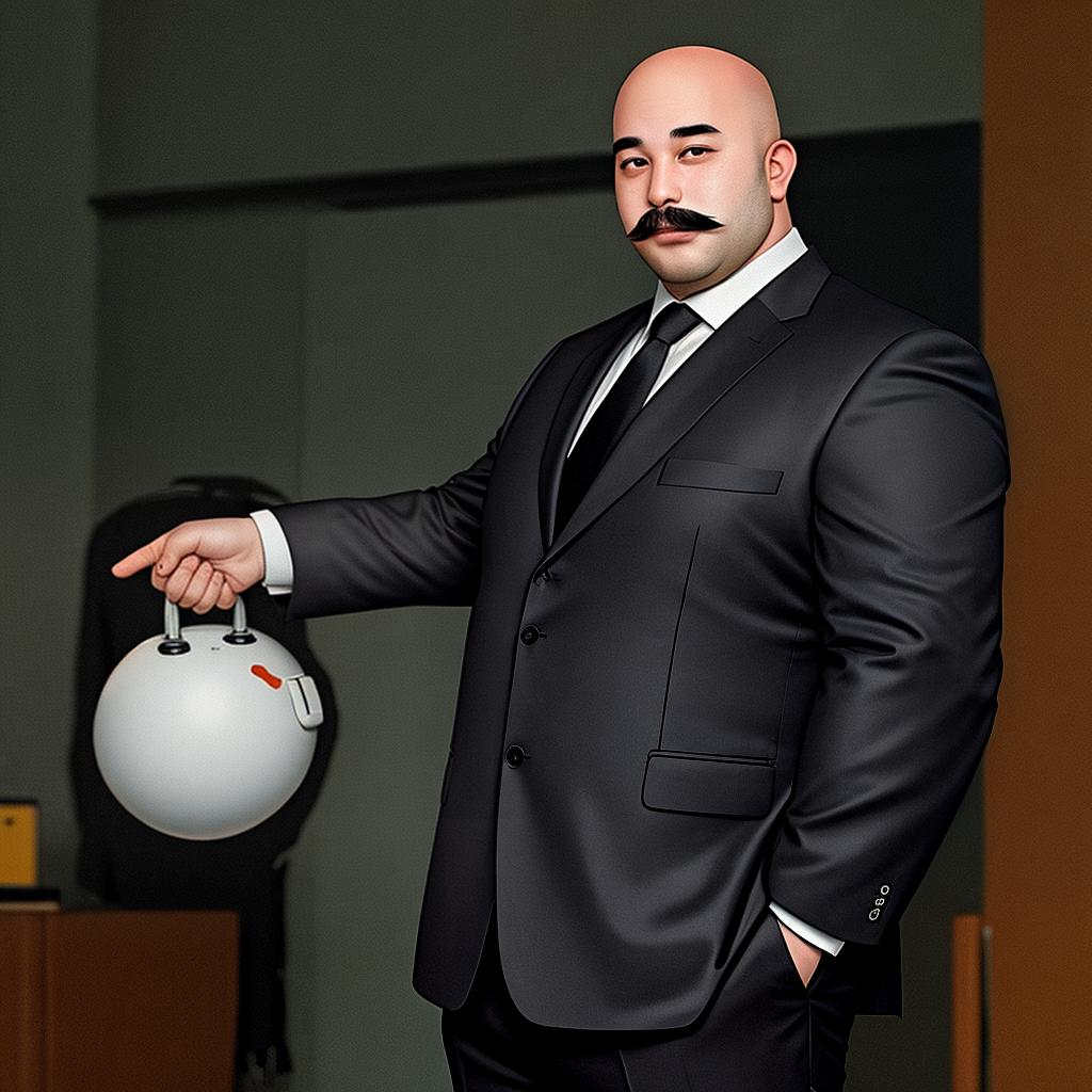  masterpiece, best quality, draw a bald guy who is fat and short wearing a suit with a small moustache