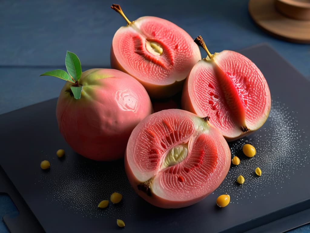  A closeup, ultradetailed image of a freshly sliced guava with vibrant pink flesh and small seeds glistening in natural light. The texture of the fruit is incredibly detailed, showcasing the intricate patterns of the flesh and the juiciness of the fruit. The minimalistic style highlights the simplicity and beauty of this exotic tropical fruit, perfect for enticing readers interested in unique pastry recipes. hyperrealistic, full body, detailed clothing, highly detailed, cinematic lighting, stunningly beautiful, intricate, sharp focus, f/1. 8, 85mm, (centered image composition), (professionally color graded), ((bright soft diffused light)), volumetric fog, trending on instagram, trending on tumblr, HDR 4K, 8K