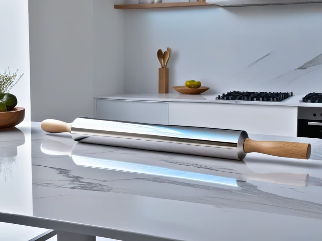  An image of a sleek, modern kitchen countertop with a marble rolling pin elegantly displayed on one side, reflecting the soft ambient light that highlights the intricate veining of the luxurious marble surface. Next to it, a polished stainless steel rolling pin stands out with its smooth, reflective surface catching the light, creating a striking contrast against the muted tones of the marble. The composition is balanced and minimalist, emphasizing the beauty and elegance of both materials in a professional and inspiring manner. hyperrealistic, full body, detailed clothing, highly detailed, cinematic lighting, stunningly beautiful, intricate, sharp focus, f/1. 8, 85mm, (centered image composition), (professionally color graded), ((bright soft diffused light)), volumetric fog, trending on instagram, trending on tumblr, HDR 4K, 8K