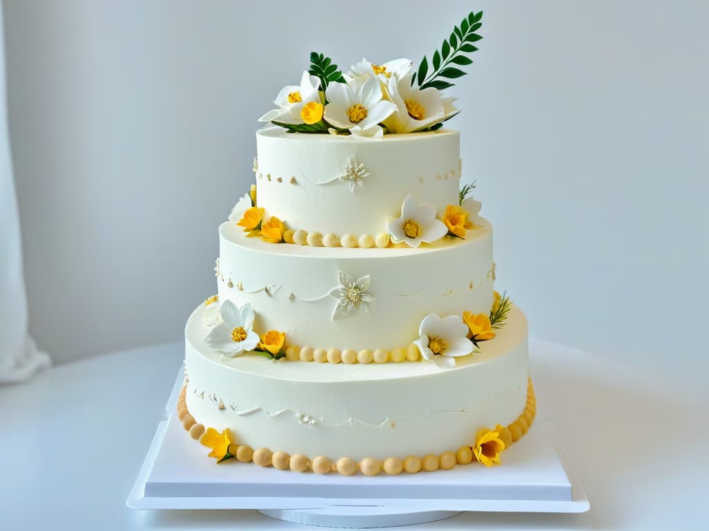  A minimalistic yet visually striking image of a beautifully decorated tiered cake, showcasing intricate piping details, delicate fondant flowers, and elegant gold accents. The cake is displayed on a simple white pedestal against a soft, blurred background, emphasizing the artistry and craftsmanship involved in pastry making. hyperrealistic, full body, detailed clothing, highly detailed, cinematic lighting, stunningly beautiful, intricate, sharp focus, f/1. 8, 85mm, (centered image composition), (professionally color graded), ((bright soft diffused light)), volumetric fog, trending on instagram, trending on tumblr, HDR 4K, 8K