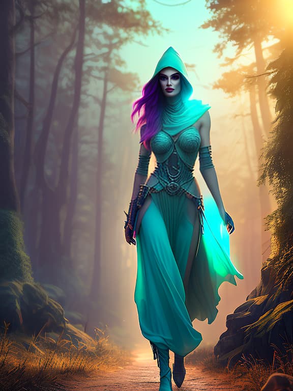 nvinkpunk Elven in full length, Translucent turquoise dress, deep neckline, big id, turquoise smiling eyes looking at me, front view, in the golden hour before sunset, an oak grove in the center of which is a picturesque clearing, tall gr in the clearing, yellow dandelions and purple bluebells are scattered randomly in small cers, the clearing is crossed by a barely noticeable path that is lost between the trees, hight detailed, 4k, shot 35 mm, realism, octane render, 8k, trending on artstation, 35 mm camera, unreal engine, hyper detailed, photo realistic maximum detail, volumetric light, realistic matte painting, hyper photorealistic, trending on artstation, ultra detailed, realistic hyperrealistic, full body, detailed clothing, highly detailed, cinematic lighting, stunningly beautiful, intricate, sharp focus, f/1. 8, 85mm, (centered image composition), (professionally color graded), ((bright soft diffused light)), volumetric fog, trending on instagram, trending on tumblr, HDR 4K, 8K