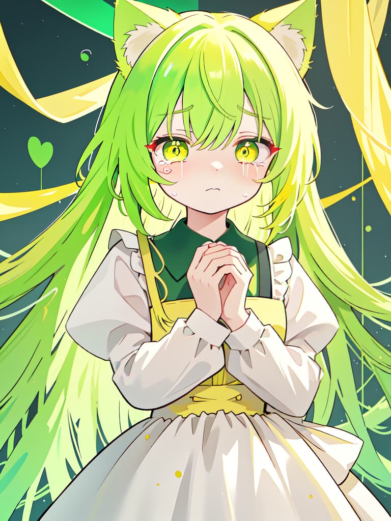  Cat ears yellow green hair Long Hair Character is in trouble, hold both hands in front and have a troubled face, yellow green maid clothes, crying expression, masterpiece, best quality,8k,ultra detailed,high resolution,an extremely delicate and beautiful,hyper detail