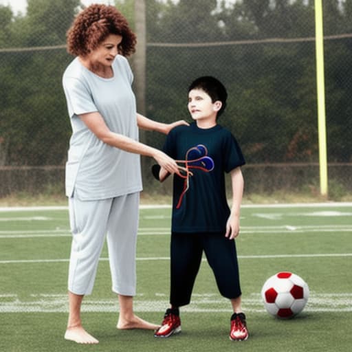  mother playing football and son, mother wiring: a robe without anything else, wiring son : t-shirt and pant