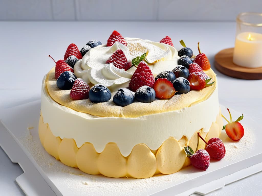  A closeup, ultradetailed image of a perfectly baked Wattleseed Pavlova, showcasing the crispy outer shell and the soft, marshmallowlike interior. The Pavlova is elegantly decorated with a minimalistic arrangement of fresh berries, a dusting of wattleseed powder, and a drizzle of golden syrup, all set on a sleek, white ceramic plate placed on a marble countertop. The lighting is soft, emphasizing the textures and colors of the dessert, creating a visually captivating and appetizing image. hyperrealistic, full body, detailed clothing, highly detailed, cinematic lighting, stunningly beautiful, intricate, sharp focus, f/1. 8, 85mm, (centered image composition), (professionally color graded), ((bright soft diffused light)), volumetric fog, trending on instagram, trending on tumblr, HDR 4K, 8K