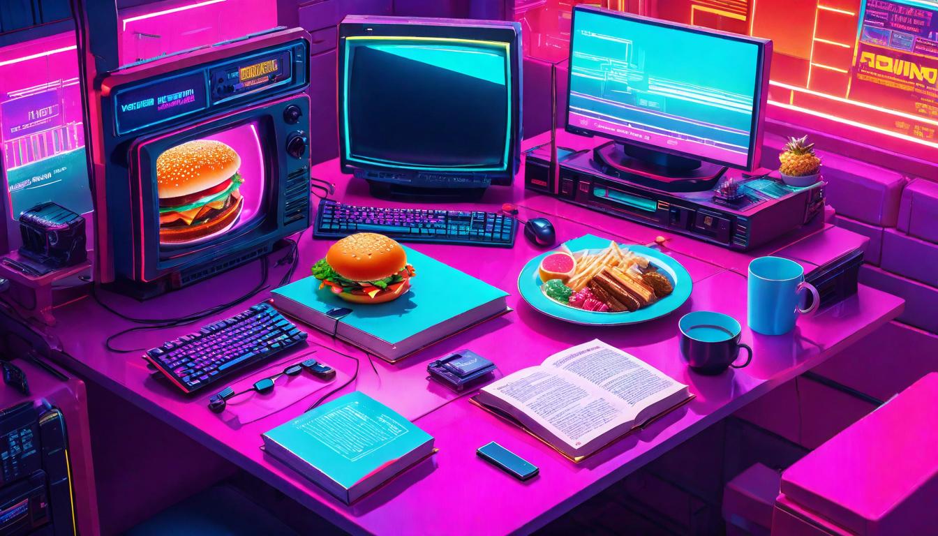  vaporwave,cyberpunk game style A tabletop with a half eaten meal and an open book, depicting the disconnect between physical nourishment and mental preoccupations, distracted, disjointedeon, dystopian, futuristic, digital, vibrant, detailed, high contrast, reminiscent of cyberpunk genre video games,retro aesthetic, cyberpunk, vibrant, neon colors, vintage 80s and 90s style, highly detailed