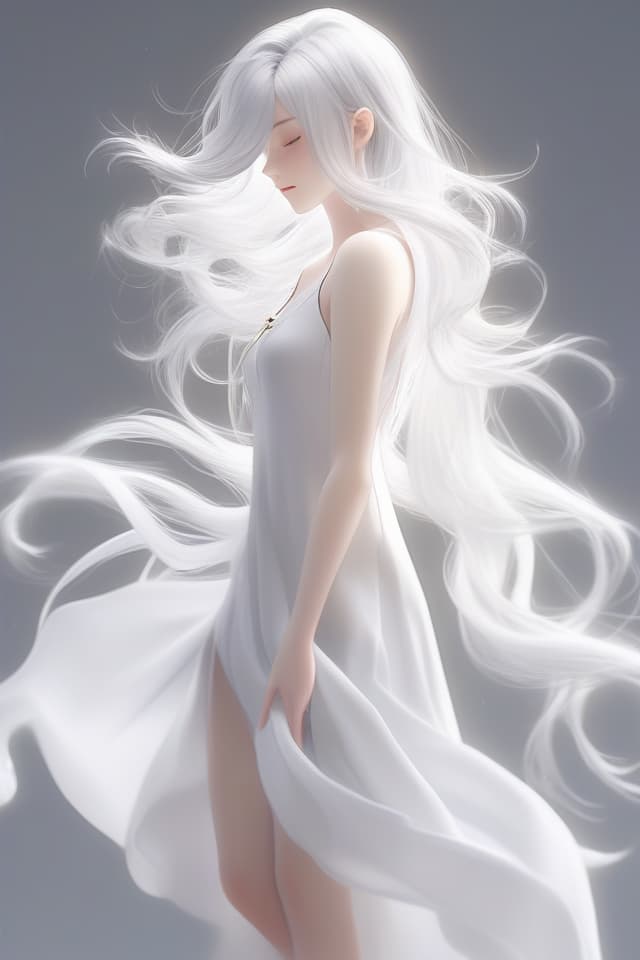  Masterpiece,top quality,full BODY,one beautiful ,delicate silvery white hair color,profile,swaying hair,eyes closed,hands on head,body curled like a fetus,simple white dress,swaying hem,phosphorescent surfaceAccurate anatomy,hold one's with one's hands,faint light surrounding body,(((Floating)))1.5,(((fetal position)))1.5,(((black background)))1.5,8K