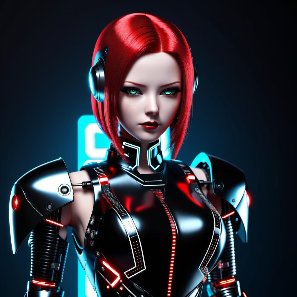  cybernetic robot The girl with red hair in a black leather dress. . android, AI, machine, metal, wires, tech, futuristic, highly detailed