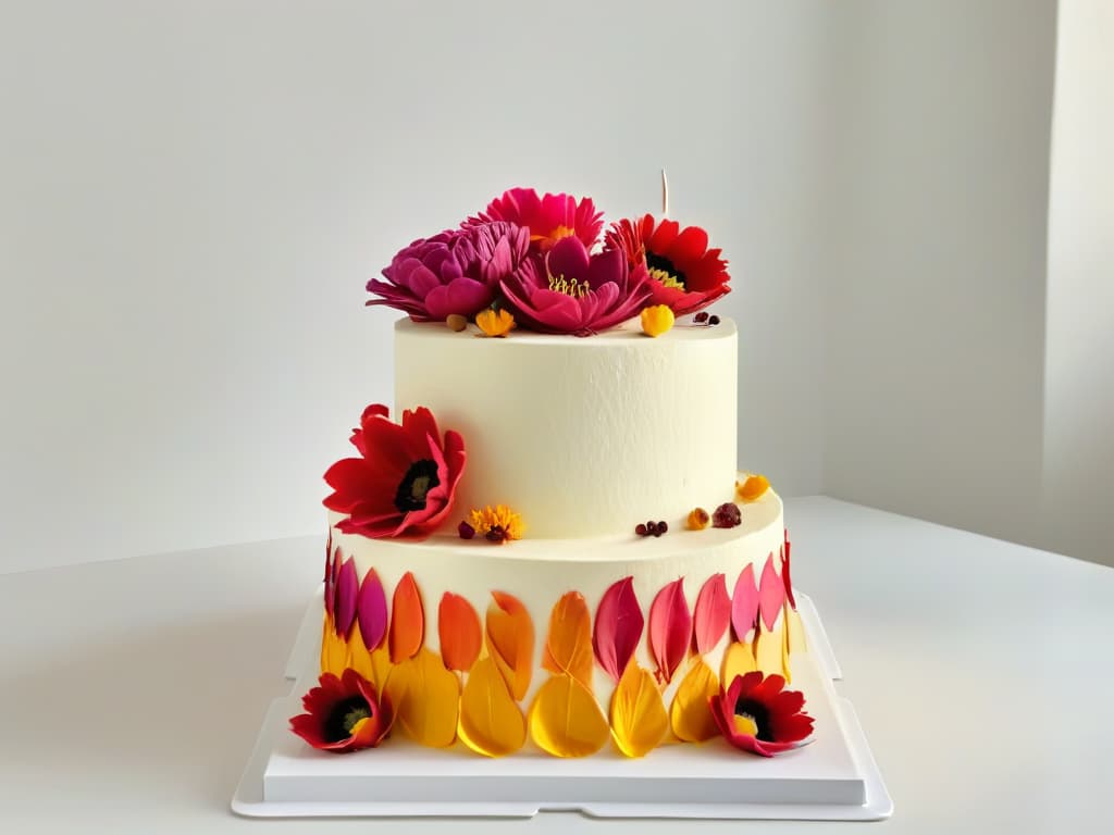  An ultradetailed image of a vibrant, intricately decorated cake adorned with a variety of colorful flower petals made using achiote as a natural dye. The cake sits on a sleek, modern white cake stand against a simple, clean background, allowing the intricate details and rich hues of the achiotedyed decorations to shine. The image captures the beauty and artistry of using achiote as a natural colorant in creative pastry design, enticing viewers with its professional and inspiring allure. hyperrealistic, full body, detailed clothing, highly detailed, cinematic lighting, stunningly beautiful, intricate, sharp focus, f/1. 8, 85mm, (centered image composition), (professionally color graded), ((bright soft diffused light)), volumetric fog, trending on instagram, trending on tumblr, HDR 4K, 8K