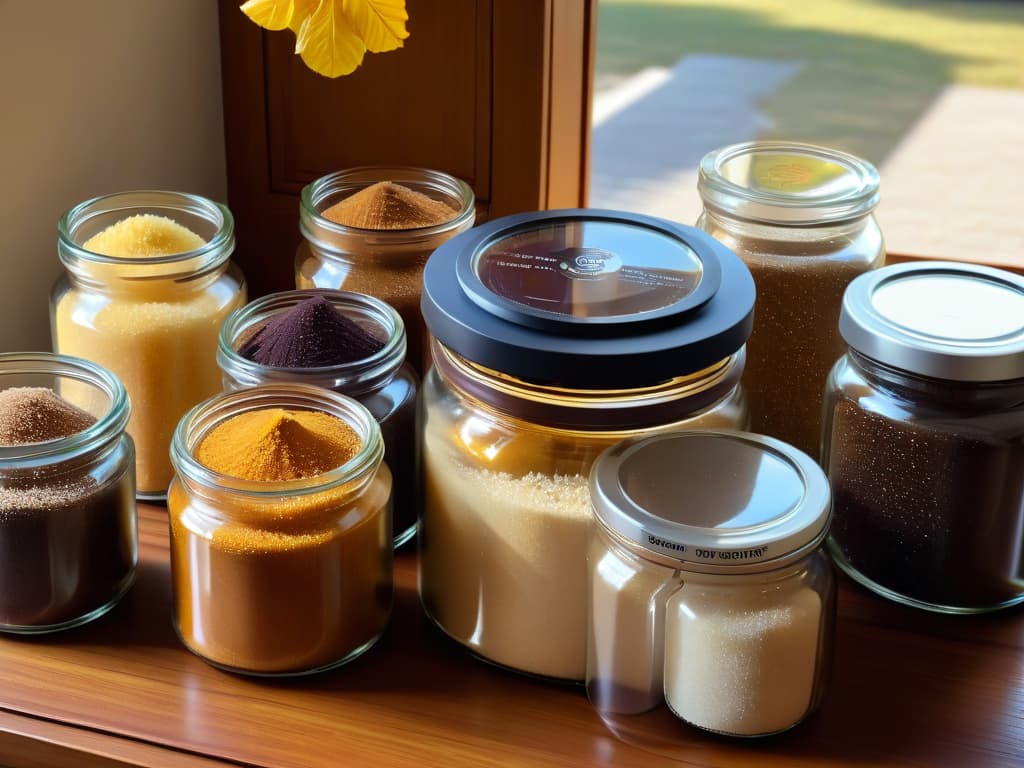  An ultradetailed, highresolution image of a rustic wooden table filled with various types of exotic sugars in sleek, modern glass jars. The sugars range in color from deep brown muscovado to golden panela, highlighting the different textures and shades of each. Soft, natural light filters through a nearby window, casting gentle shadows and creating a warm, inviting atmosphere. The minimalistic composition focuses on the beauty of the sugars themselves, showcasing their unique characteristics and inviting the viewer to explore the world of exotic sweeteners. hyperrealistic, full body, detailed clothing, highly detailed, cinematic lighting, stunningly beautiful, intricate, sharp focus, f/1. 8, 85mm, (centered image composition), (professionally color graded), ((bright soft diffused light)), volumetric fog, trending on instagram, trending on tumblr, HDR 4K, 8K