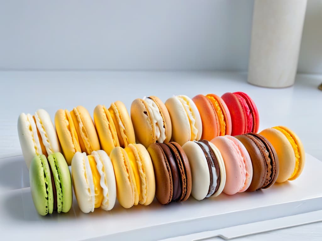  A meticulously arranged display of various pastelcolored macarons on a sleek, white marble countertop. The macarons are perfectly aligned in rows, showcasing their smooth, glossy shells and delicate feet. Each one is filled with a different flavored ganache, creating a visually stunning and appetizing composition that embodies precision and attention to detail. hyperrealistic, full body, detailed clothing, highly detailed, cinematic lighting, stunningly beautiful, intricate, sharp focus, f/1. 8, 85mm, (centered image composition), (professionally color graded), ((bright soft diffused light)), volumetric fog, trending on instagram, trending on tumblr, HDR 4K, 8K