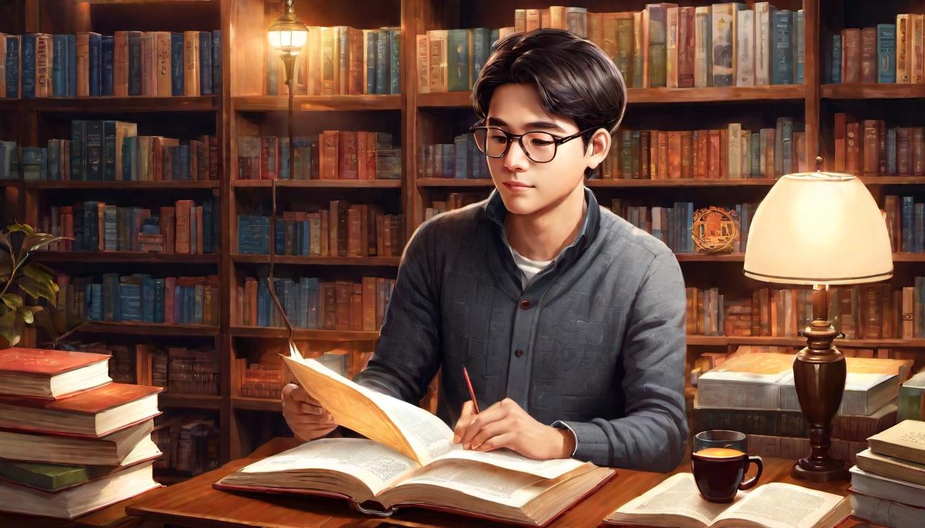  digital illustration, 1person, reading a book with a thoughtful expression, background of bookshelves filled with psychology books, cozy study room, soft lamplight, identifying and disputing irrational thoughts, knowledgeable atmosphere, looking at viewer, dynamic pose, (intricate details, masterpiece, best quality)