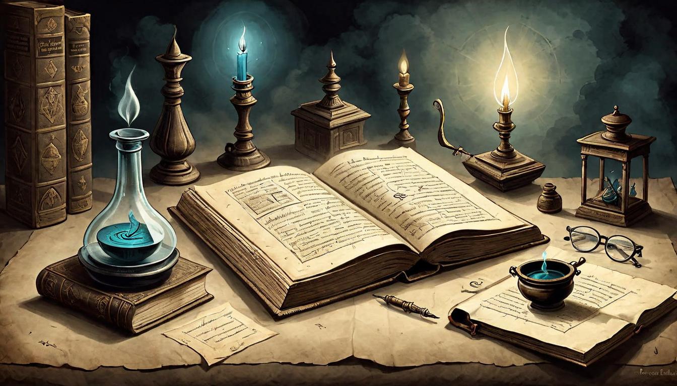  on parchment, surrealism+++, An open, ancient book lies amidst everyday objects (quill, inkwell, spectacles), a single page glowing, illuminating mundane surroundings, stark contrast, mundane versus mystical(mysterious, provocative, symbolic,muted color)+++