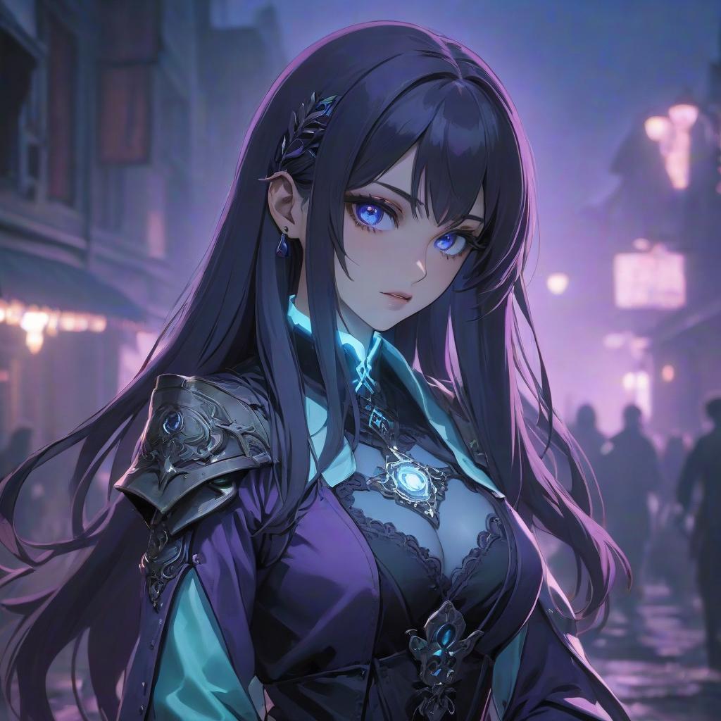  a girl with long hair standing in front of a purple light, official splash art, black intense eyes, zombie, black and aqua colors, icon for an ai app, owo, corrupted, epic cold blue lighting, ap, dark runes, very clear image, by Nōami, sona, 834779519, necro hyperrealistic, full body, detailed clothing, highly detailed, cinematic lighting, stunningly beautiful, intricate, sharp focus, f/1. 8, 85mm, (centered image composition), (professionally color graded), ((bright soft diffused light)), volumetric fog, trending on instagram, trending on tumblr, HDR 4K, 8K