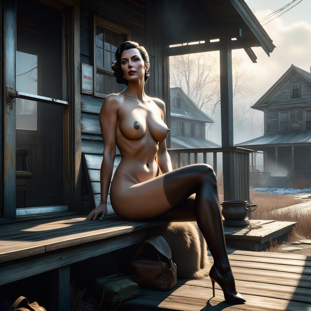  A painting in the style of Fallout 4, a naked woman sits on the porch of a house. hyperrealistic, full body, detailed clothing, highly detailed, cinematic lighting, stunningly beautiful, intricate, sharp focus, f/1. 8, 85mm, (centered image composition), (professionally color graded), ((bright soft diffused light)), volumetric fog, trending on instagram, trending on tumblr, HDR 4K, 8K