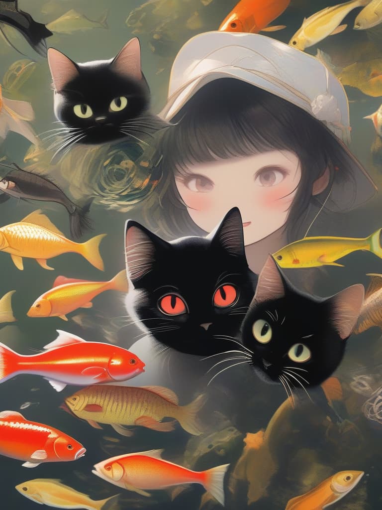  (small fish fishing:1.7、black cat that catches small fish、black cat fishing with a tail)、((icon、logo design:1.4、symbol design))、black cat & small fish、best quality:1.4、masterpiece:1.4、ultra detailed texture、RAW photorealistic、absurd resolution、8K illustration、no background、💩、💩、💩、💩、💩、, masterpiece, best quality,8k,ultra detailed,high resolution,an extremely delicate and beautiful,hyper detail