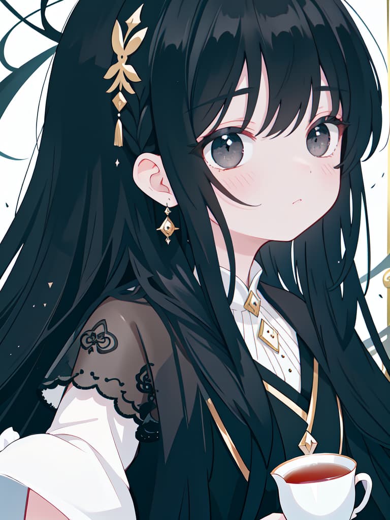  Sauce eyes, tea, long hair, black eyes, black hair, masterpiece, best quality,8k,ultra detailed,high resolution,an extremely delicate and beautiful,hyper detail