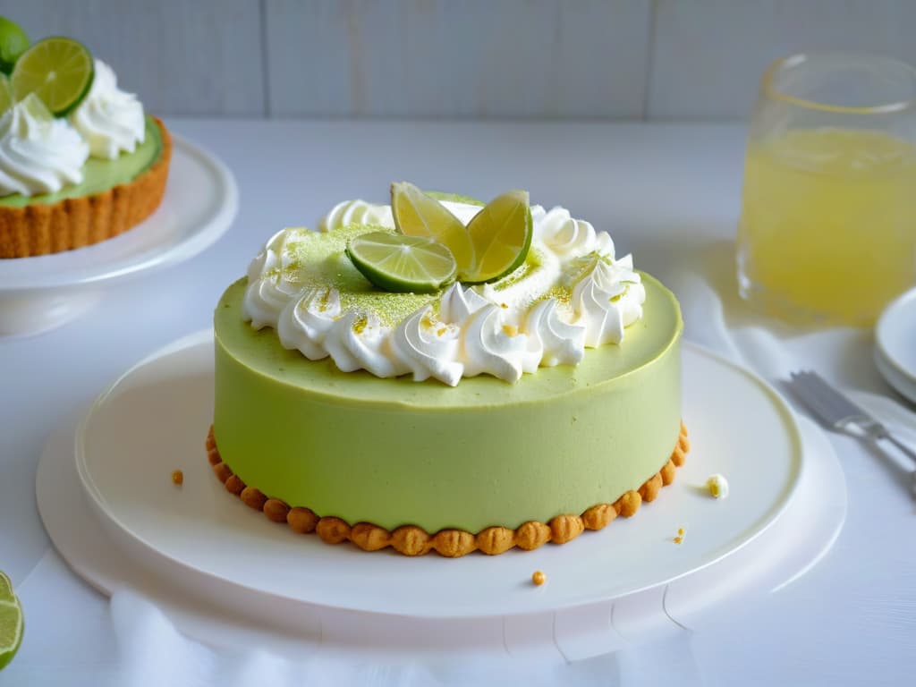  A closeup, photorealistic image of a vibrant key lime pie topped with freshly whipped cream and a slice of key lime on a delicate white porcelain plate. The pie's graham cracker crust is perfectly golden, contrasting with the creamy, zesty filling that oozes slightly with a sprinkle of lime zest on top. The whipped cream is fluffy and garnished with more zest, creating a visually appealing contrast of textures and flavors that perfectly encapsulate the balance between acidity and sweetness in desserts. hyperrealistic, full body, detailed clothing, highly detailed, cinematic lighting, stunningly beautiful, intricate, sharp focus, f/1. 8, 85mm, (centered image composition), (professionally color graded), ((bright soft diffused light)), volumetric fog, trending on instagram, trending on tumblr, HDR 4K, 8K