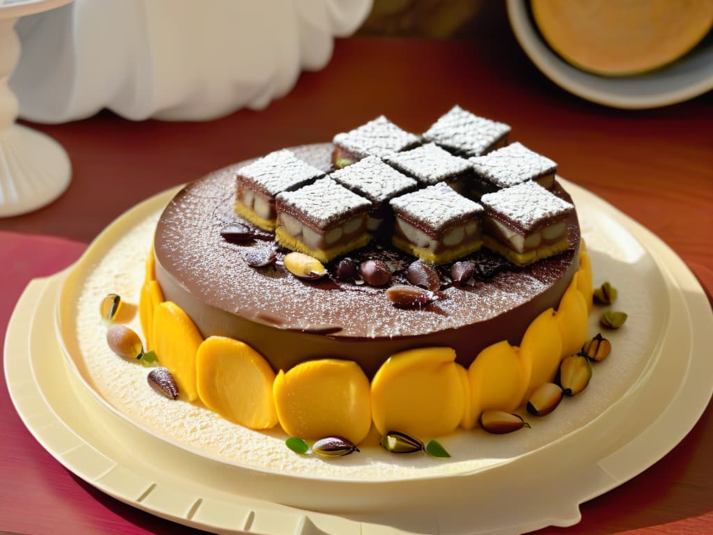  An ultradetailed image of a beautifully arranged platter filled with vibrant African desserts, showcasing a variety of textures and colors. The desserts include a rich chocolate mousse topped with gold flakes, a stack of fluffy beignets dusted with powdered sugar, a plate of juicy mango slices drizzled with honey, a bowl of creamy coconut rice pudding garnished with sliced almonds, and a traditional baklava pastry with layers of phyllo dough and pistachios. Each dessert is meticulously crafted and presented on a sleek, modern serving dish, creating a visually stunning and appetizing display. hyperrealistic, full body, detailed clothing, highly detailed, cinematic lighting, stunningly beautiful, intricate, sharp focus, f/1. 8, 85mm, (centered image composition), (professionally color graded), ((bright soft diffused light)), volumetric fog, trending on instagram, trending on tumblr, HDR 4K, 8K