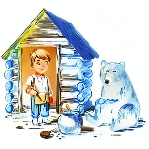  1boy, white shirt, blue jeans, in the cabin, a bear standing , vivid color, bright light