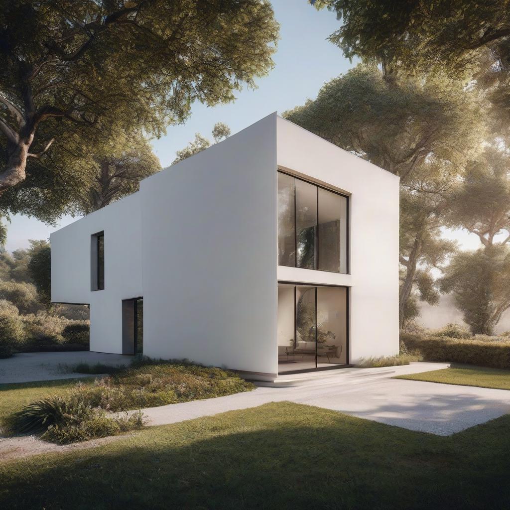  A minimalist house in white with a flat roof and dark windows. hyperrealistic, full body, detailed clothing, highly detailed, cinematic lighting, stunningly beautiful, intricate, sharp focus, f/1. 8, 85mm, (centered image composition), (professionally color graded), ((bright soft diffused light)), volumetric fog, trending on instagram, trending on tumblr, HDR 4K, 8K