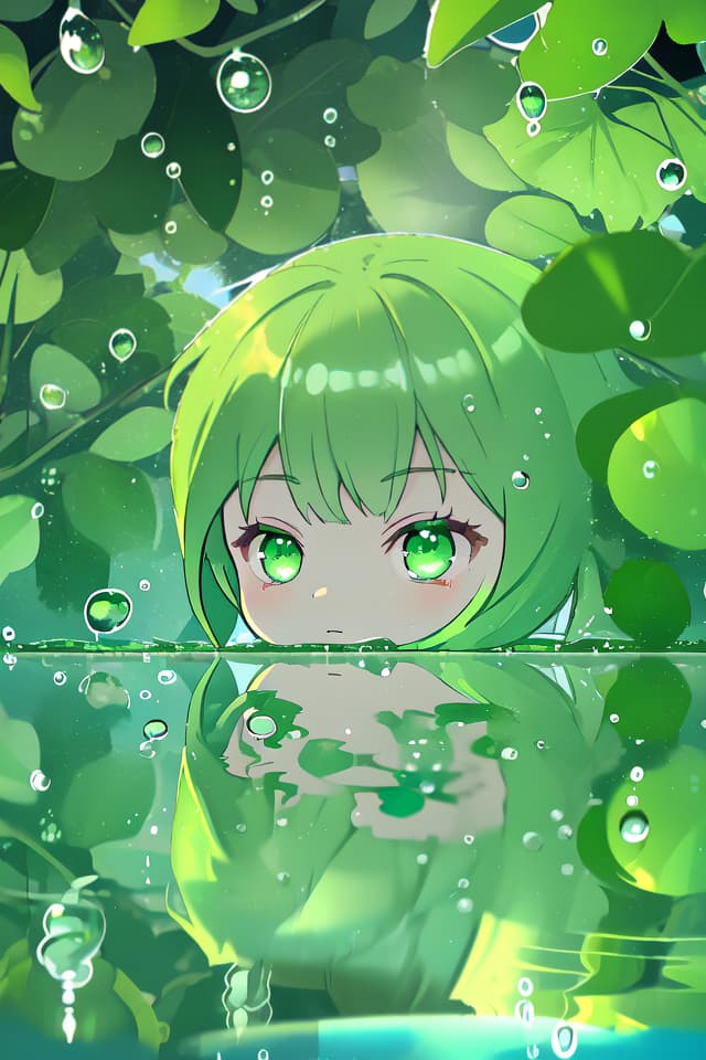  Green hair character reflected in water drops