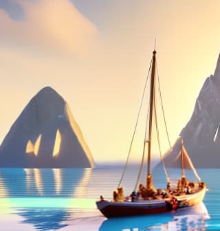 modern disney style Mountains, boats, rivers, sun