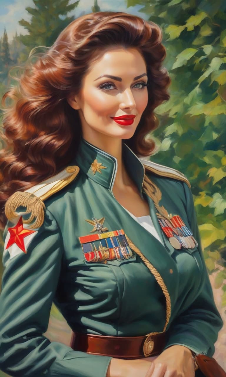  masterpiece of painting, oil painting, fine brush, A woman in an Soviet Air Force uniform is waiting for her boyfriend, she is about 20 year, elegant, smart, smiles ly, magnificent s, tall, long legged, She has lush dark red long curly hair, fresh and emphasizing the beauty of the defiant makeup and emerald eyes. From under the frivolously unoned soviet uniform dark blue with silver hardware, large open neckline, with epaulettes of lieutenant, tunic, a beautiful and expensive red black satin corset with lace trim, from under the short dark blue uniform can be seen red garters and black fishnet highly visible stockings with red lace, on her feet elegant red high heeled shoes. A behind her a hyperrealistic, full body, detailed clothing, highly detailed, cinematic lighting, stunningly beautiful, intricate, sharp focus, f/1. 8, 85mm, (centered image composition), (professionally color graded), ((bright soft diffused light)), volumetric fog, trending on instagram, trending on tumblr, HDR 4K, 8K