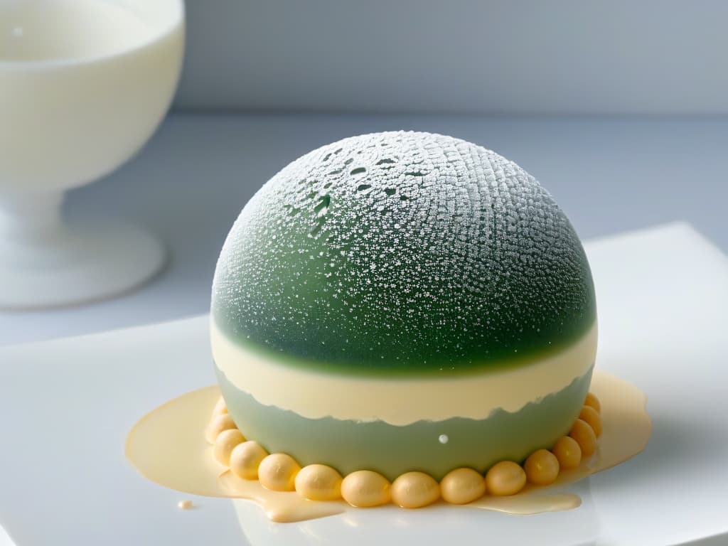  A closeup, ultradetailed image of a delicate, perfectly spherical soy lecithin molecule surrounded by tiny air bubbles, showcasing the key role of soy lecithin in creating airy foams and stable emulsions in molecular gastronomy desserts. hyperrealistic, full body, detailed clothing, highly detailed, cinematic lighting, stunningly beautiful, intricate, sharp focus, f/1. 8, 85mm, (centered image composition), (professionally color graded), ((bright soft diffused light)), volumetric fog, trending on instagram, trending on tumblr, HDR 4K, 8K