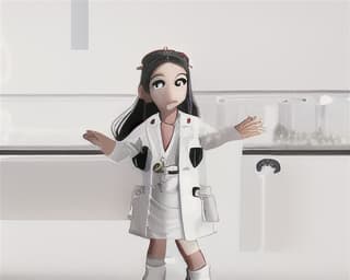  masterpiece, best quality, 8k resolution, single, nurse, student, wide-eyed, long eyelashes, contracted pupils, parted lips, emotionless,(thinking:2.0), naughty face, black hair, long hair, hair accessories,(band-aid hair accessories:0.1), white shirt,(lab coat:2.0), shoes, boots, socks, standing, meditation, one hand akimbo, waving,8bit games, Pixar animation, silhouette light