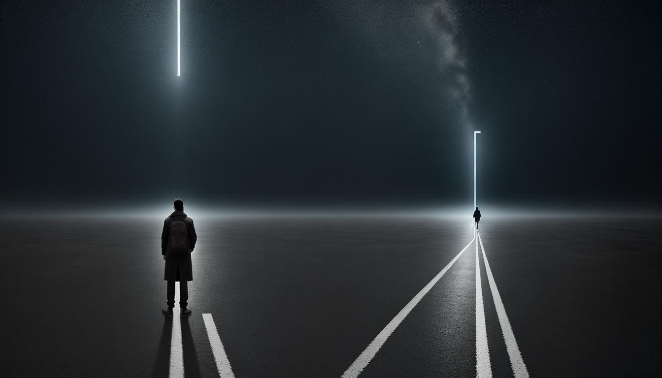  digital illustration, A person standing at a crossroads, hesitant step forward, signposts pointing in multiple directions, symbolism of choice and uncertainty, curious, tentative, essential steps, creating opportunity, inviting commitment, looking at viewer, dynamic pose, (intricate details, masterpiece, best quality)