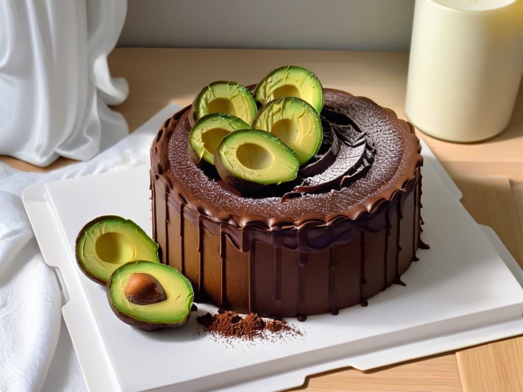  An ultradetailed, minimalist image of a decadent chocolate avocado cake, beautifully garnished with sliced avocados and a dusting of cocoa powder, set on a sleek, modern serving platter. The cake is exquisitely moist, with layers of rich chocolate ganache peeking out between the soft avocadoinfused sponge layers, showcasing the versatility and indulgent nature of avocado oil in modern baking. hyperrealistic, full body, detailed clothing, highly detailed, cinematic lighting, stunningly beautiful, intricate, sharp focus, f/1. 8, 85mm, (centered image composition), (professionally color graded), ((bright soft diffused light)), volumetric fog, trending on instagram, trending on tumblr, HDR 4K, 8K