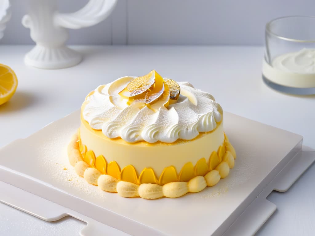  An ultradetailed image of a perfectly goldenbaked Sablé Bretón cookie with a delicate dollop of tangy lemon cream on top, surrounded by fluffy peaks of meticulously torched Italian meringue. The cookie sits on a sleek, modern plate with a subtle reflection, emphasizing its flawless texture and inviting presentation. The lighting is soft yet highlights every crumb and swirl of the toppings, showcasing the intricate balance of flavors in this innovative dessert. hyperrealistic, full body, detailed clothing, highly detailed, cinematic lighting, stunningly beautiful, intricate, sharp focus, f/1. 8, 85mm, (centered image composition), (professionally color graded), ((bright soft diffused light)), volumetric fog, trending on instagram, trending on tumblr, HDR 4K, 8K