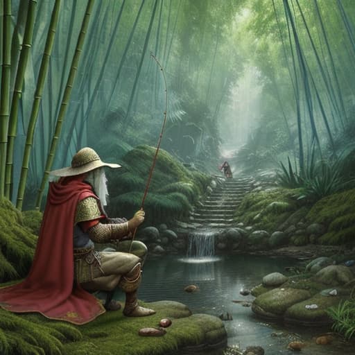  80's fantasy art, medieval fantasy scene with a dragonborn monk dressed in a crimson toga and wearing metal scales, standing besides a clear stream in a lush forest. A peculiar old man with ragged clothes and a straw hat is sitting by the stream, fishing with a bamboo rod. The scene is illuminated by sunlight filtering through the dense foliage, creating a magical and enchanting atmosphere. The ground is covered in roots and mossy stones, adding to the rugged beauty of the scenery.